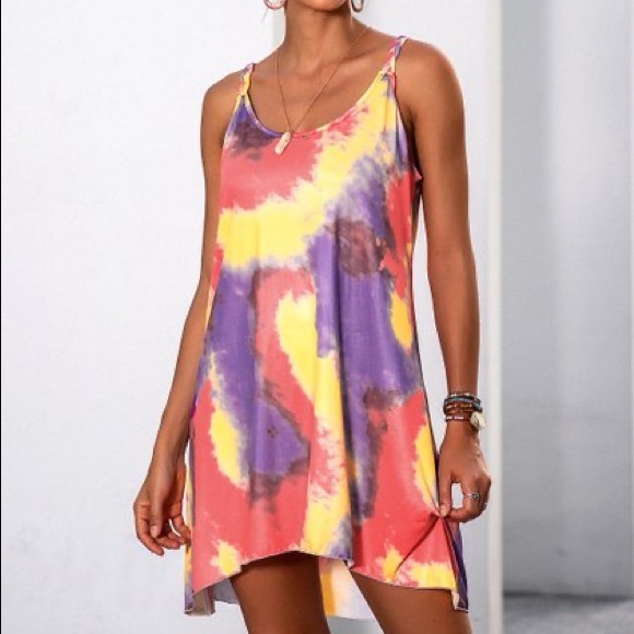 💖HOST PICK💖NWT Lemon Yellow & Red Tie-Dye Sleeveless Dress, Sz. S - Picture 5 of 6